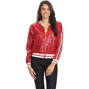 Brand New Women Red Polyester Sequin Bomber Jacket Zip Up Track Stripe Ribbed